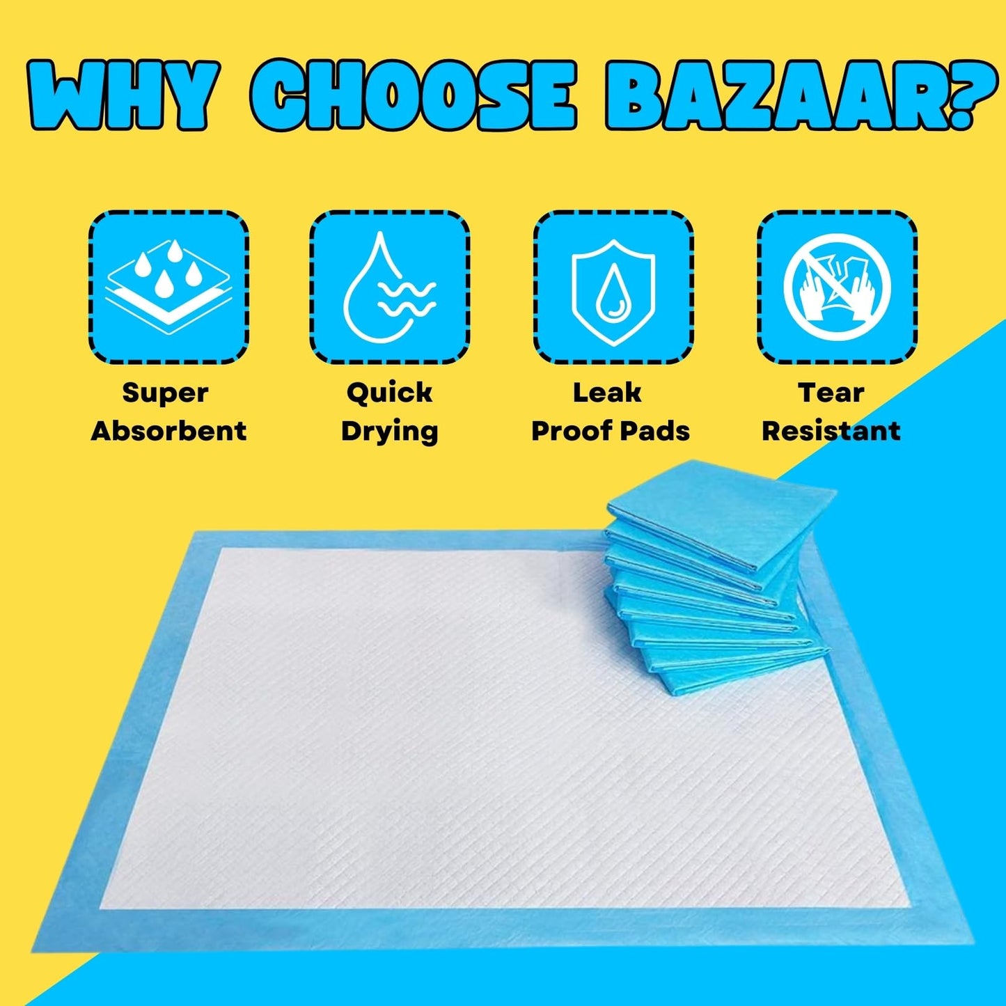 Bazaar Large Puppy Pads 100 Pack Disposable Puppy Training Pads 60x60cm | Highly Absorbent Leak-Proof Dog Training Pads | Premium Quality Quick-Dry Dog Pads (60x60cm - 100 Count)