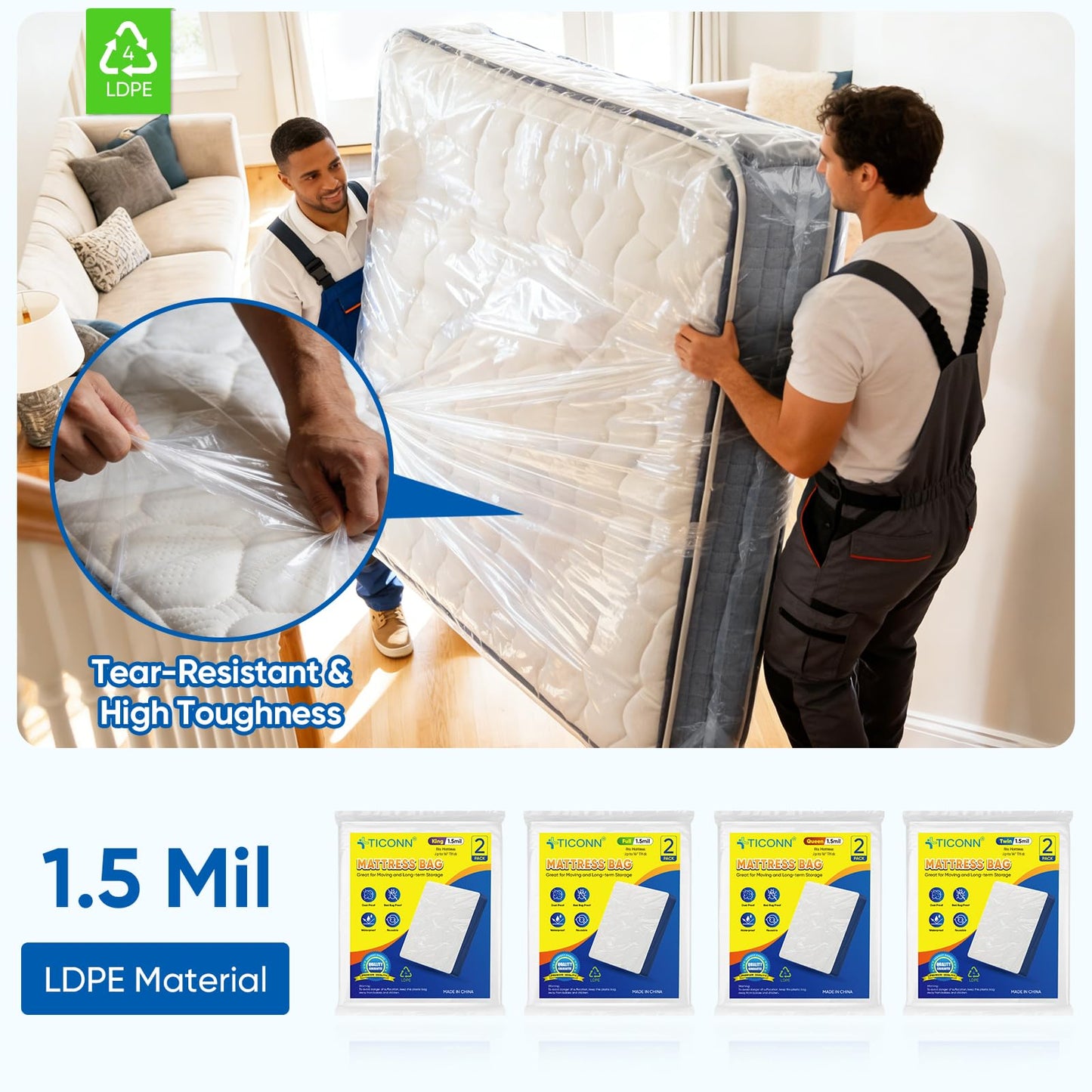 TICONN 2PK Plastic Mattress Bag for Moving Storage, Waterproof Mattress Protector Cover, Heavy-Duty Mattress Moving Supplies (1.5 mil, Queen)