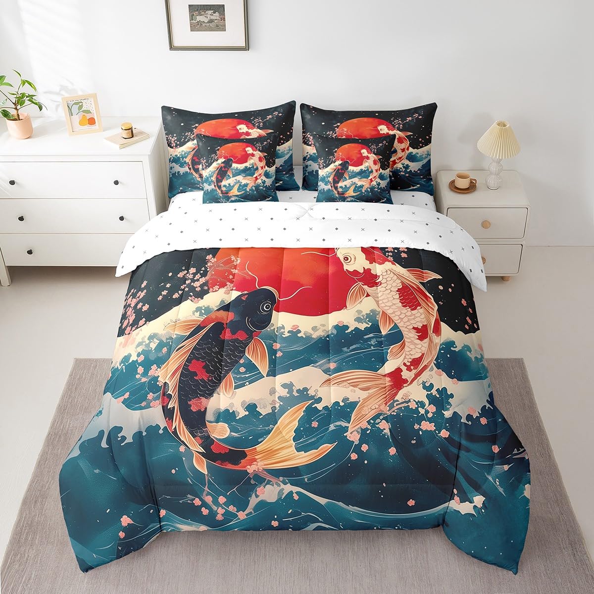 Erosebridal Japanese Koi Fish Queen Bedding Set,Blue Ocean Waves Comforter Set 7 Piece,Pink Cherry Blossom Bed Set for Kids Adults,Oriental Floral Bed in a Bag with Fitted+Flat Sheet,Pillowcases