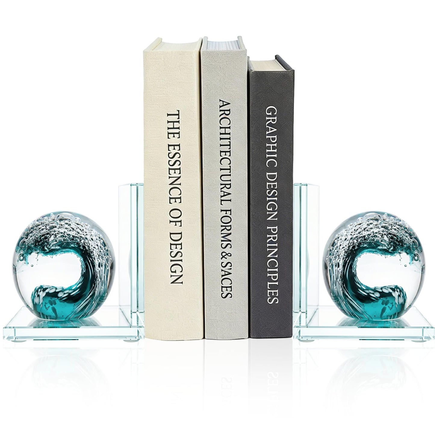 Decorative Bookends for Shelves, Hand Blown Ocean Crystal Ball Unique Bookends for Heavy Books, Office Desk Decor, Ideal for Ocean Lovers (Dark Green)