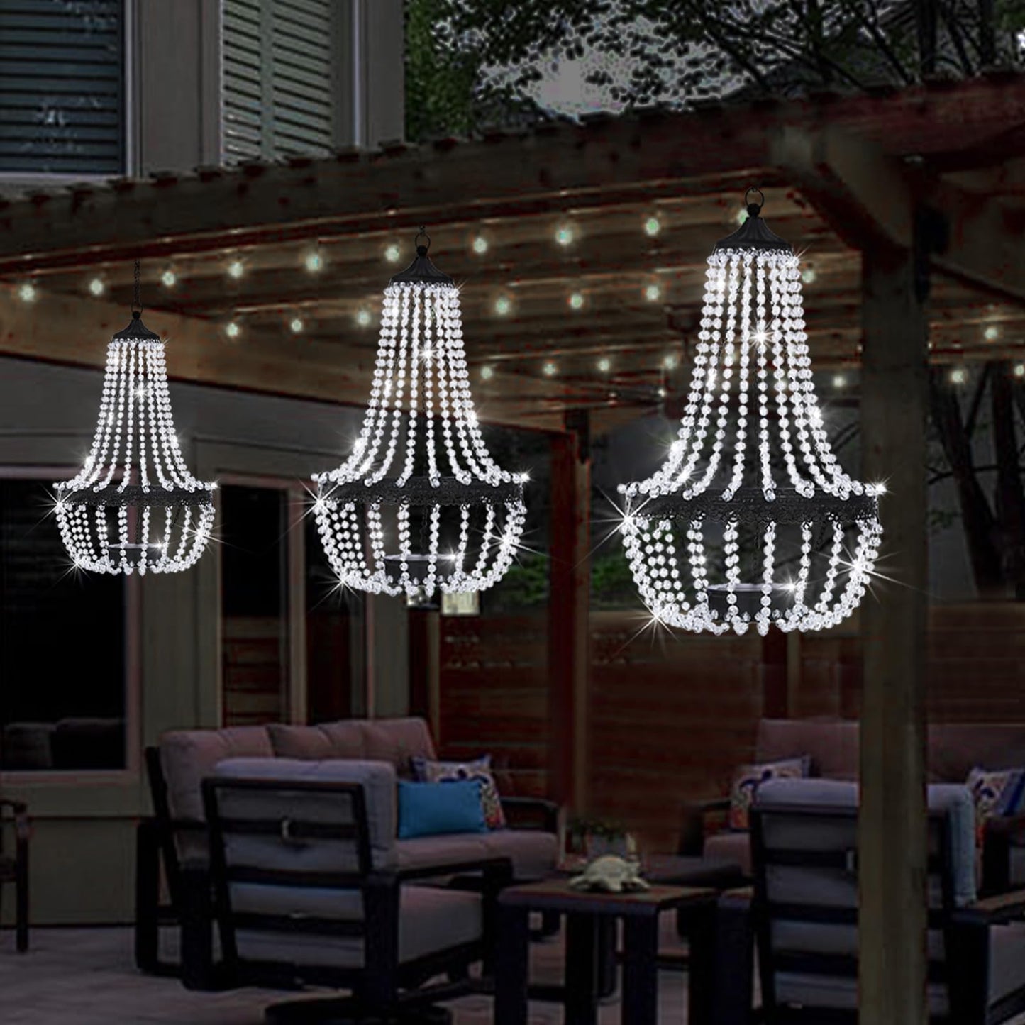 Hanging Solar Lantern Outdoor, 28” Modern Clear Crystal Acrylic Chandelier with 30 Cool White Lights S Hook for Garden, Yard, Patio, Gazebo Decorations