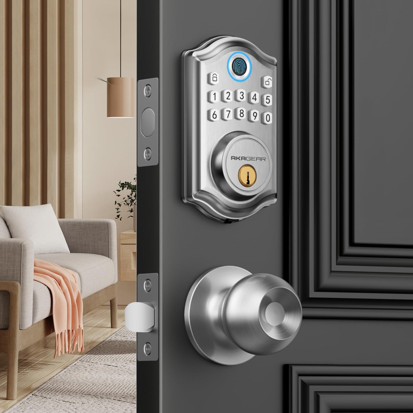 Keyless Entry Door Lock with Handle Set - Fingerprint Door Locks, Electronic Keypad Deadbolt, Smart Locks for Front Door, Auto-Lock & One Touch Locking, Easy Installation - Satin Nickel