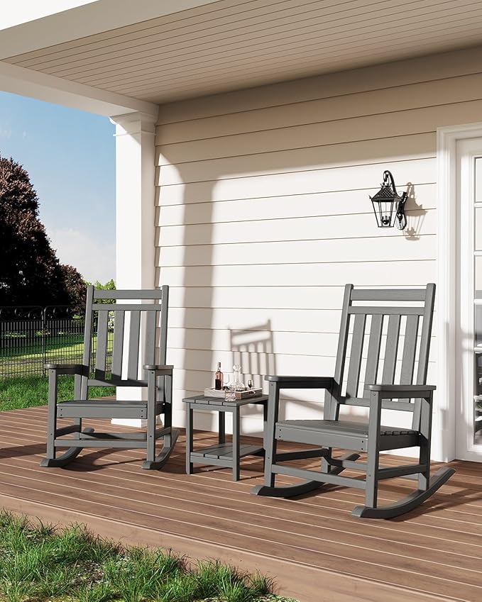 HDPE Rocking Chair Outdoor Set of 6 - Poly High Back Porch Rocker Chairs for Adults - All Weather Resistant Furniture for Patio Front Porch - Gray