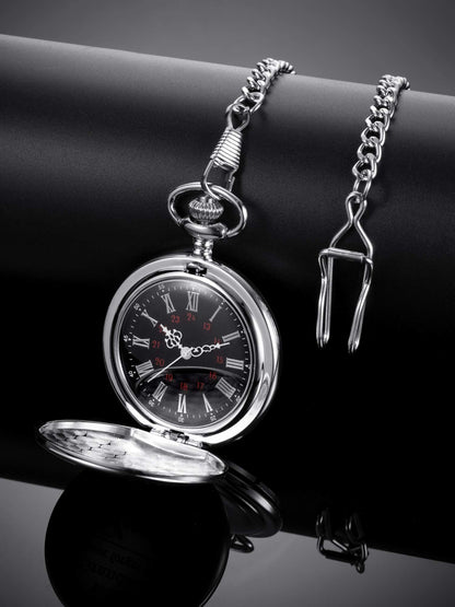 Pangda Quartz Pocket Watch to Husband Gift, Engraved Pocket Watch (Silver Case and Black Dial)
