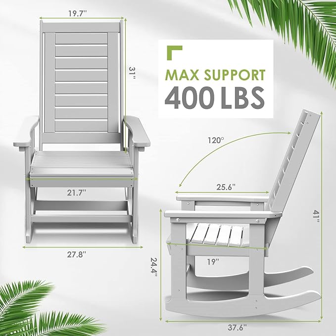 GREENVINES Outdoor Rocking Chairs | Set of 2 | Porch Rocker | HDPE Plastic | White | Oversized Rockers | High Back | Big & Tall | Ladder Back | for Patio Outside Backyard Balcony Garden
