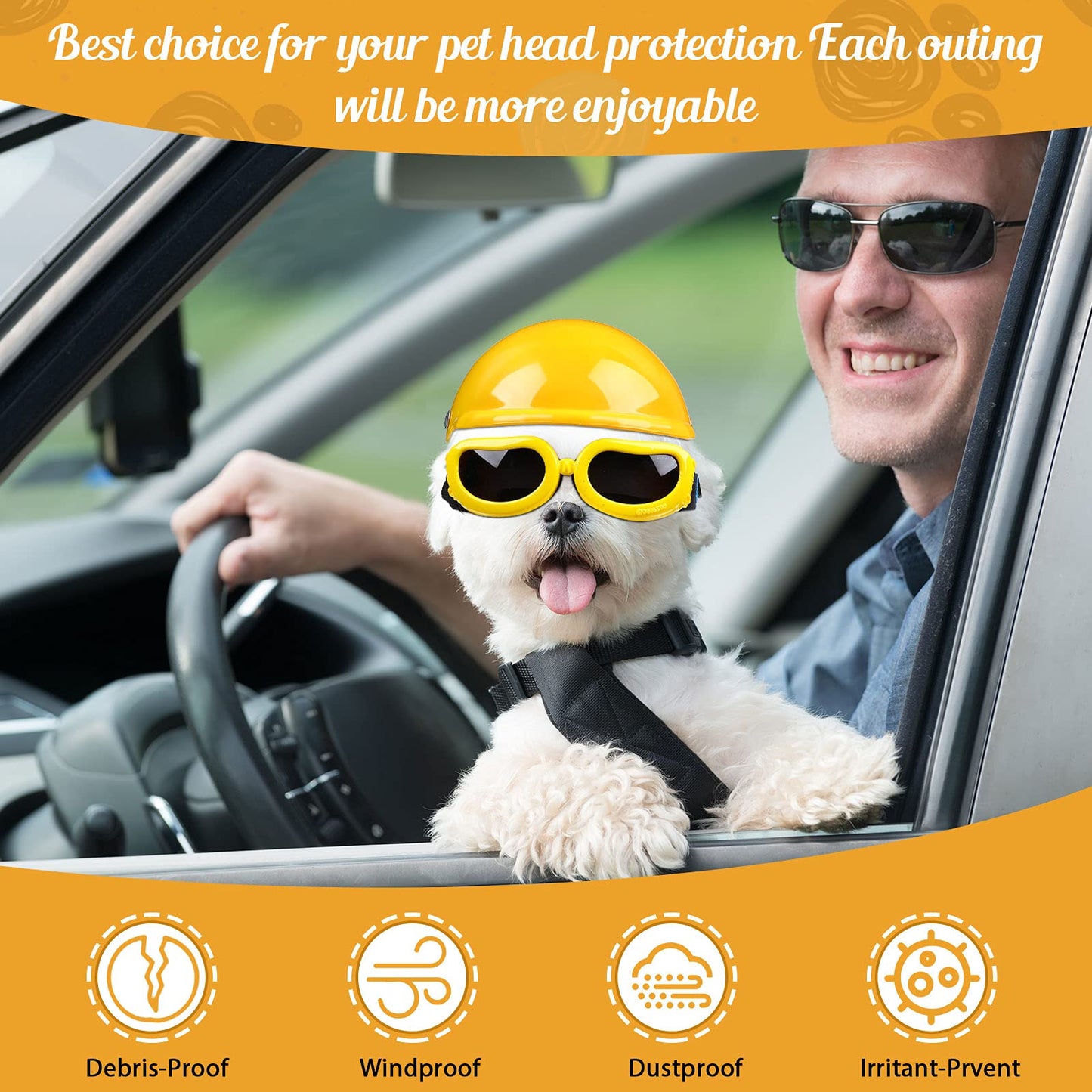 Dog Helmet and Goggles Set - 4 Inch Padded Motorcycle Helmet, Sunglasses Safety Cap, Hard Hat With Adjustable Belt for Small Pets Riding, S Size (Yellow)