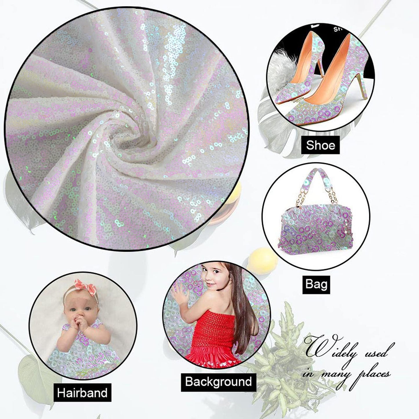 ShinyBeauty 15 Feet Sequin Fabric by The Yard | 5 Yards Transparent White Glitter Mesh Fabric | Sparkle Material for Sewing & Dress Making | Perfect for Backdrops & Decor