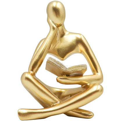 Chiorgone Golden Abstract Thinker Reading Sculpture - Resin Desktop Statue for Home Office Decor & Intellectual Gift (Contemplative Right Pose)