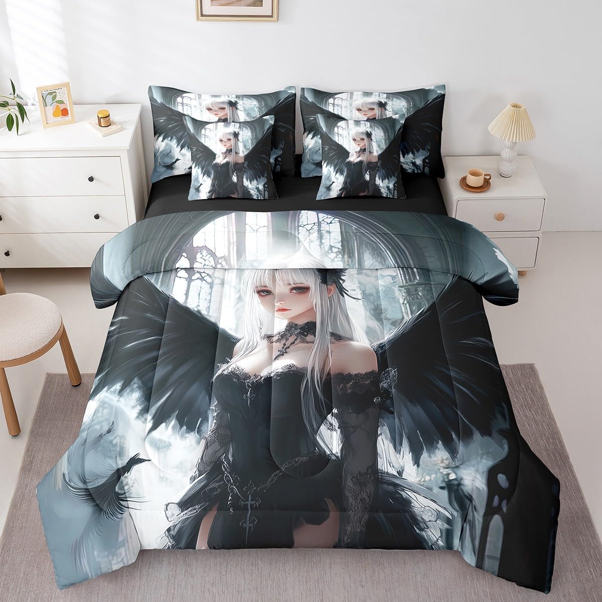 Erosebridal Anime Girl Bedding Sets 7 Piece Twin Size, Kawaii Japanese Anime Comforter Set for Kids Boys Teens Adult, Cartoon Girl Bed in A Bag Japan Animation Sheet Set, Machine Washable