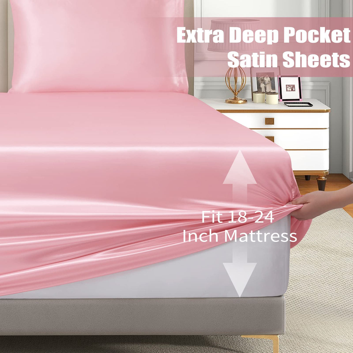 VACVELT 3pcs Extra Deep Pocket Satin Fitted Sheet Set King Bed Set, Pink Bottom Sheet Fit 18-24 Inch Deep Pocket Mattress, Silky Bedding Set Soft & Ultra Deep Fitted Sheet & 2 Pillowcase