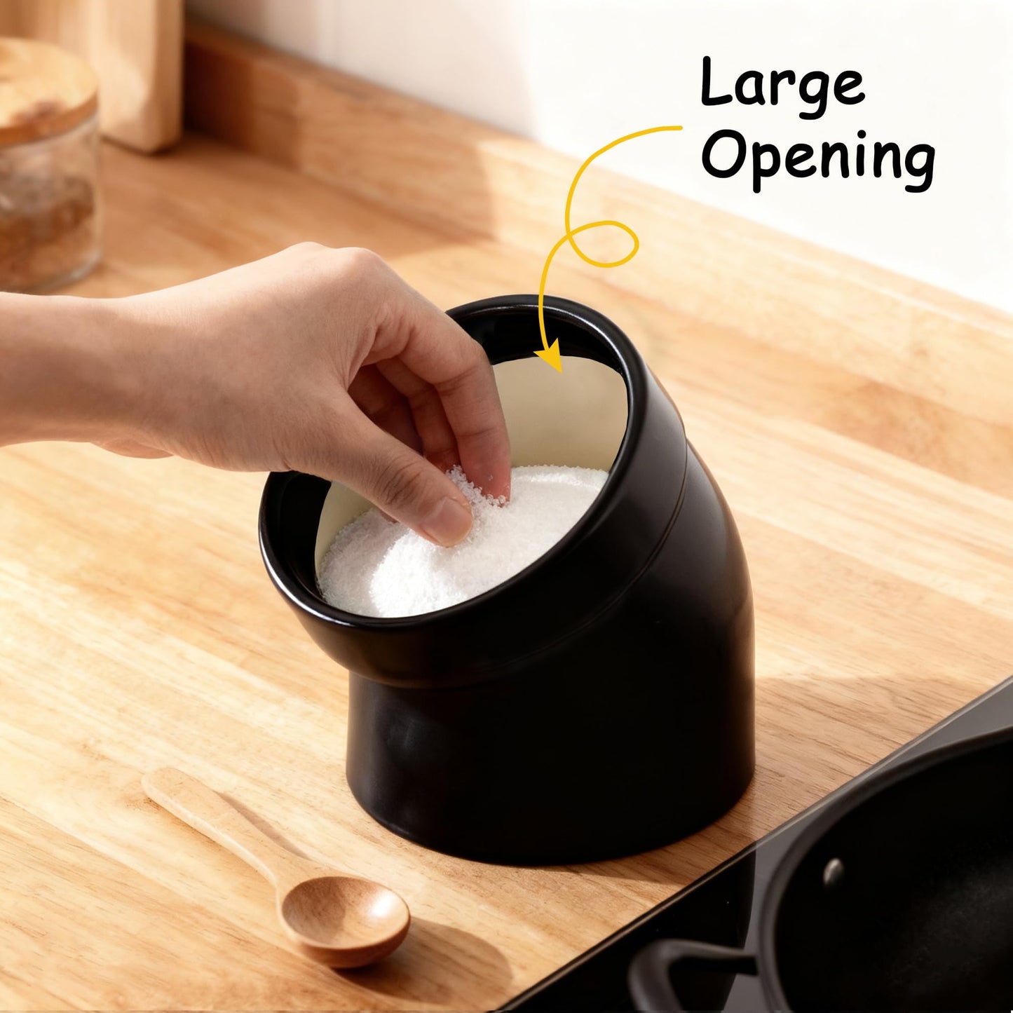 MARKETTY Salt Pig, Dishwasher Safe Ceramic Salt Cellar Modern and Minimalist, Salt Pig Ceramic for Convenient Access to Seasoning, Wide Caliber Salt Holder for Counter (Black)