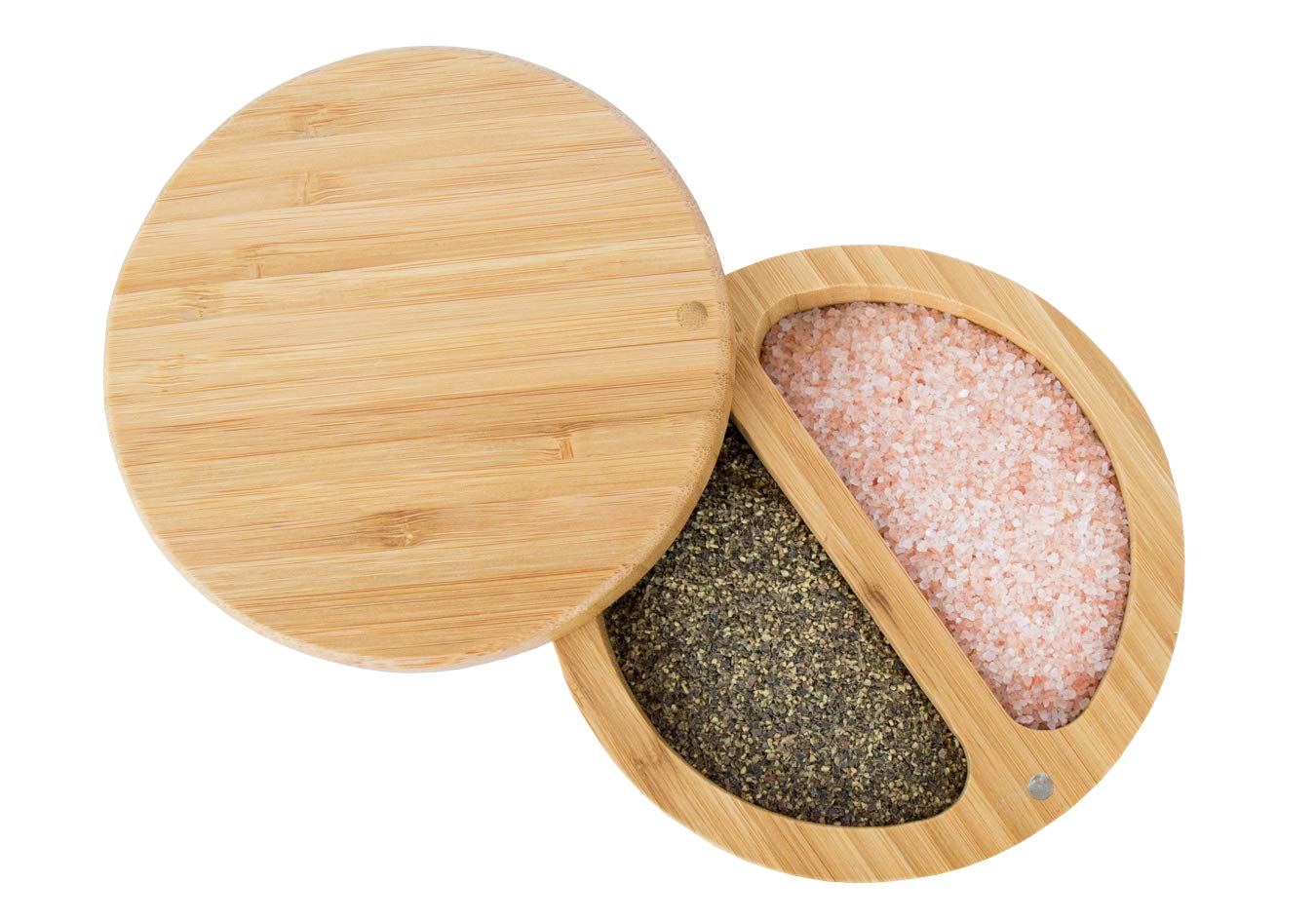 Relative Foods Salt Cellar -Bamboo Salt and Pepper Bowl with Magnetic swivel lid - Salt Container with Himalayan Pink Salt and Pepper Included - Perfect Salt Storage for countertop
