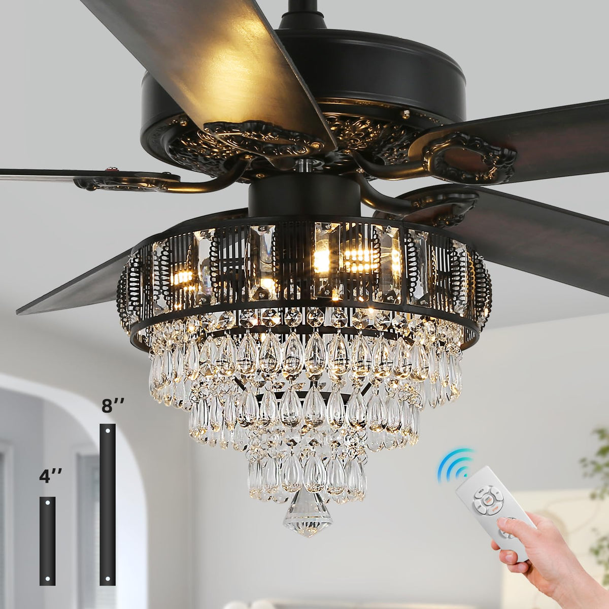 RIENAZA Modern Crystal Ceiling Fans with Lights and Remote Control, Farmhouse Retro Black Ceiling Fan Light, 52 Inch Fandelier Ceiling Fan for Living Room, Dining Room, Bedroom, Office