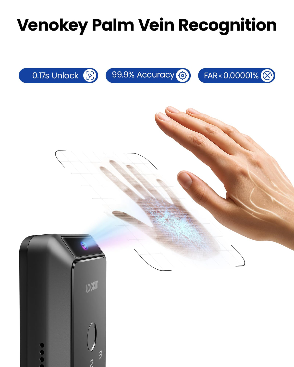 Lockin Veno Palm Vein Smart Lock with Built-in Wi-Fi, 7-Month Battery, Matter Compatible, Palm Vein & Fingerprint Unlock, Keyless Entry, App Control, Auto-Lock, PIN Code, ANSI Grade 2, IP65 Waterproof
