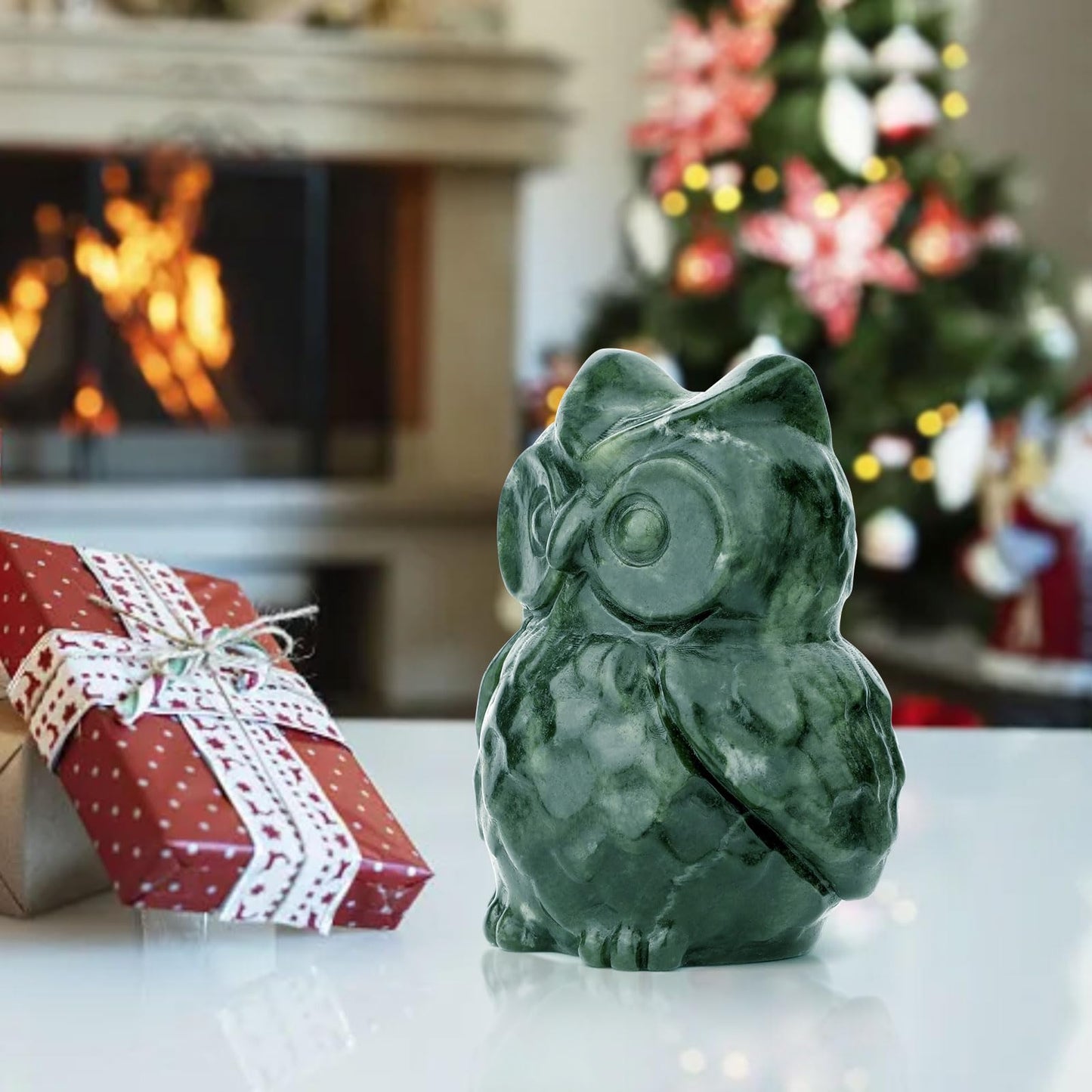 gemshan Jade Stone Owl Statue - 3.3inch Jade Statue Hand-Carved Animal Figurines for Home Office Desk Decoration