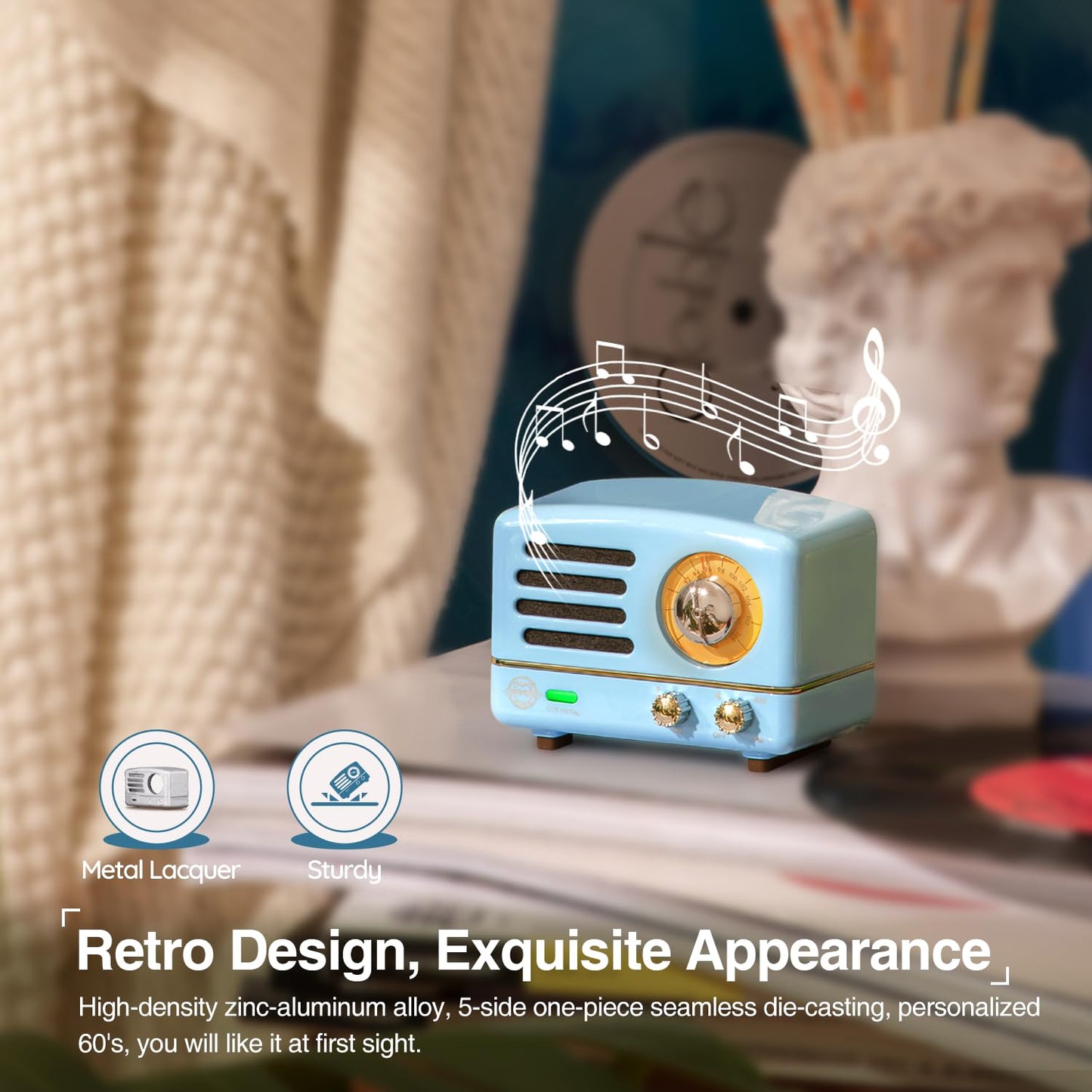 Muzen Portable Bluetooth Speaker, OTR Metal Retro Small Wireless Speaker, FM Radio with Antenna AUX, 10h+ Long Playtime, High Fidelity Stereo Audio with Suitcase, Room Office Decor, Festival Gift