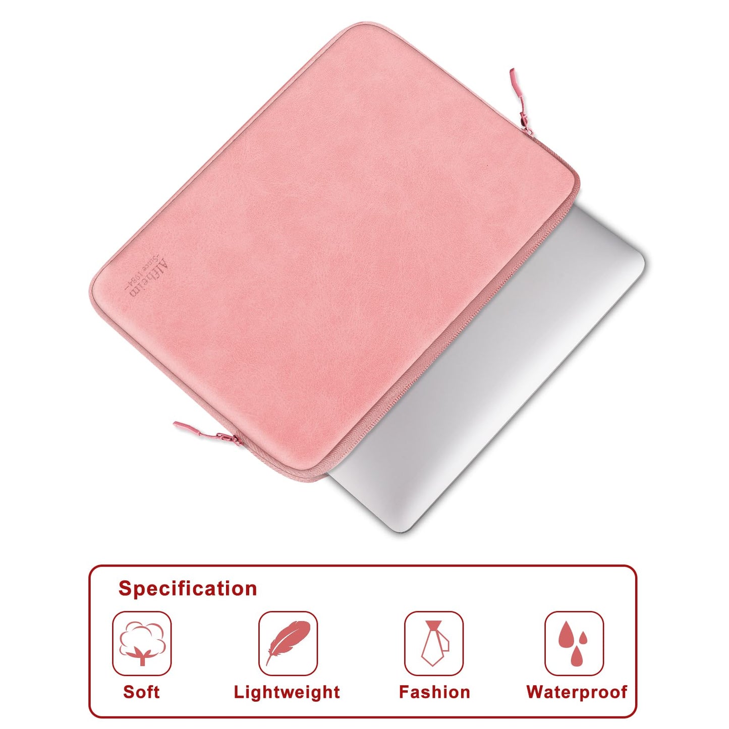 Alfheim Laptop Sleeve Case 14 inch, Waterproof Shock Resistant Fashion Lightweight PU Leather Bag Case for Notebook Tablet iPad（Pink）