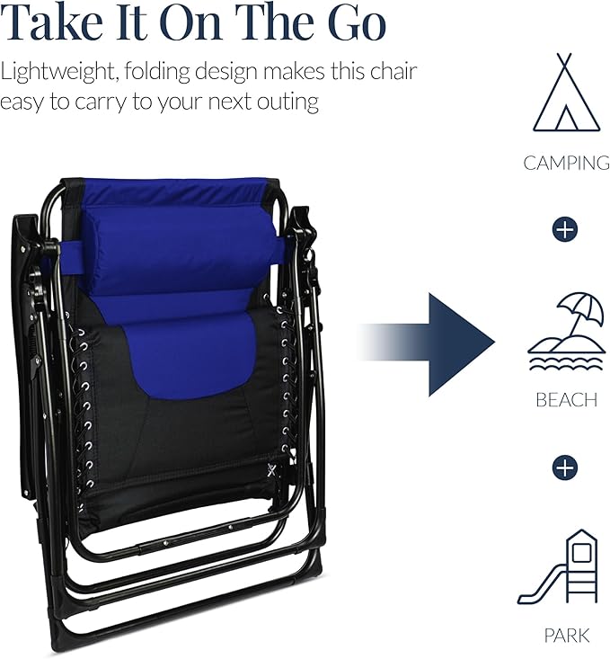 Best Choice Products Oversized Padded Zero Gravity Chair, Folding Outdoor Patio Recliner, XL Anti Gravity Lounger for Backyard w/Headrest, Cup Holder, Side Tray, Polyester Mesh - Blue