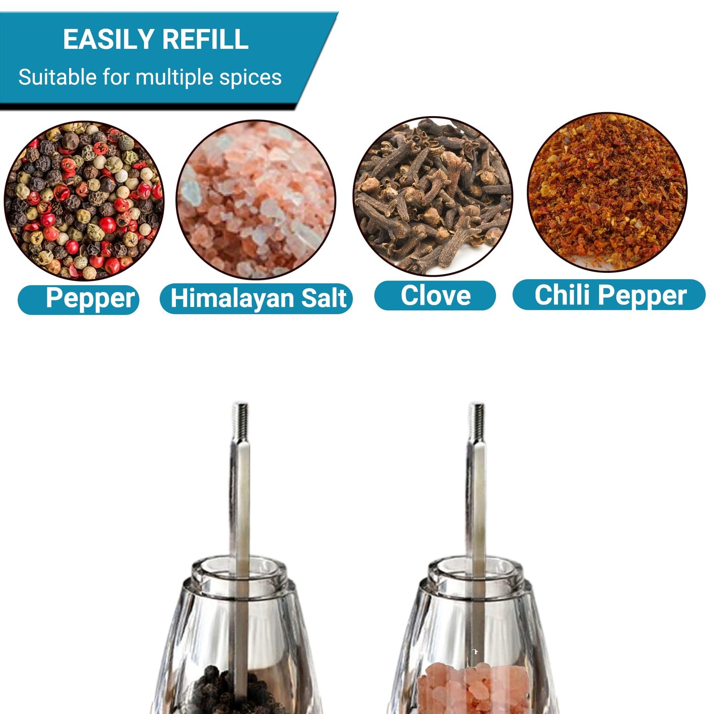Salt and Pepper Grinder Set, Pepper Mills Classic Manual Transparent Acrylic Rotor, 2PCS 8IN Large Capacity Pepper & Salt Grinder Seasoning Bottle, Ceramic Core Adjustable Coarseness for Fresh Spices