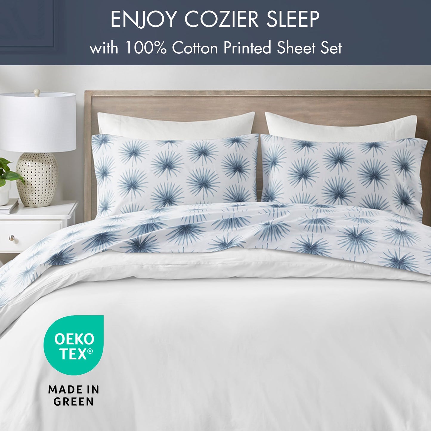 Madison Park 100% Cotton Sheets, Breathable & Soft Cotton Bed Sheets, Printed Design, Elastic Pocket Cotton Sheet Set Fits Up to 17" Mattress, All Season, Full Blue Palmetto 4 Piece