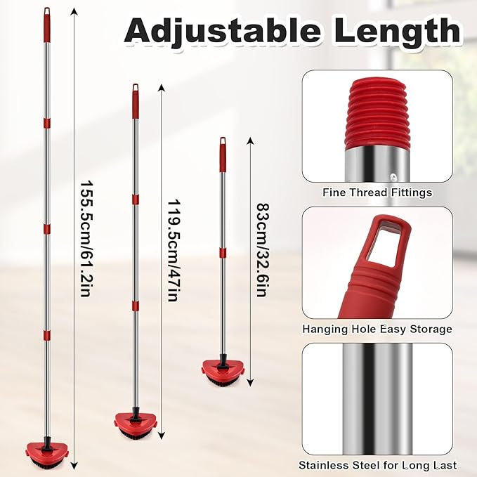 4 Part Stainless Steel Spin Mop Handles, Mop Base & Upgrade Scrub Brush Combo