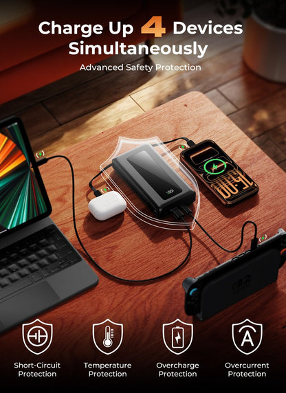 JKELAR Power Bank, 50000mAh Portable Charger, Travel Camping Essential Battery Pack with Built-in Cables, PD 22.5W Fast Charging, Large Capacity Portable Phone Charger, Jet Black