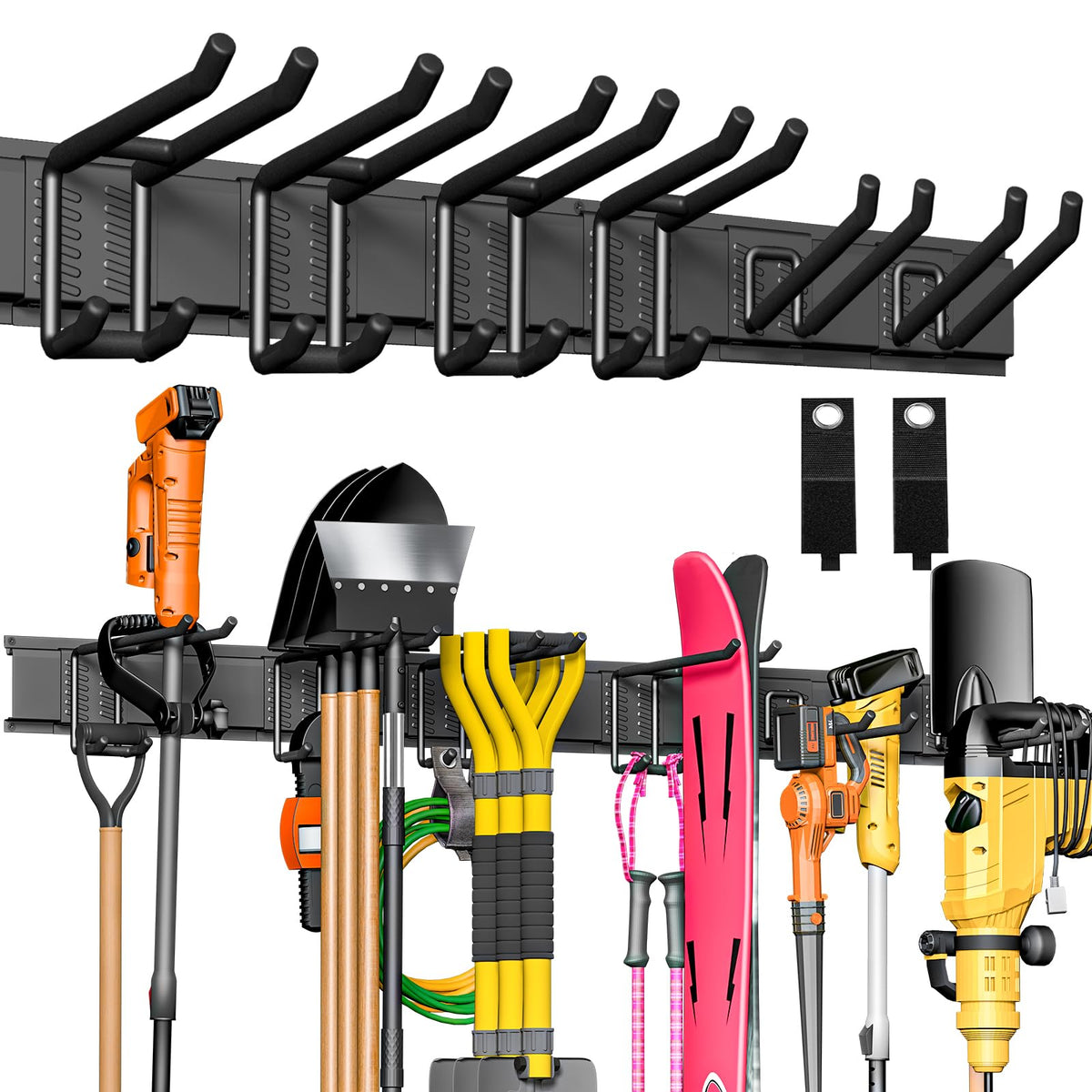 BlumeTrec Garage Tool Organizer Wall Mount, 48" Heavy-Duty Metal Wall Organizer, 3 Rails with 6 Adjustable Hooks, Garden Storage Rack for Organization Sturdy Tool Hanging Holder for Shovel Shed Yard