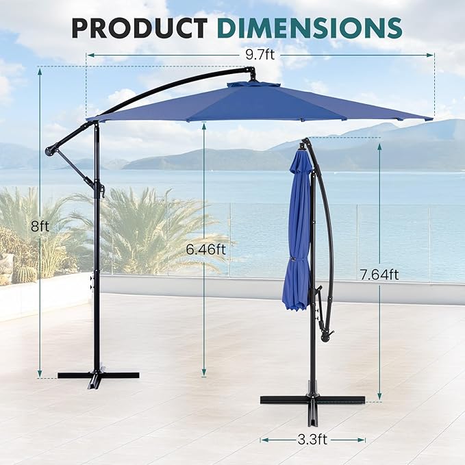 OLIXIS Offset Patio Umbrella, 9.7FT Cantilever Table Umbrellas for Outdoor Sun Shade UV Protection with Easy Tilt Adjustment, 8 Ribs for Backyard, Lawn, Garden, Pool - Blue