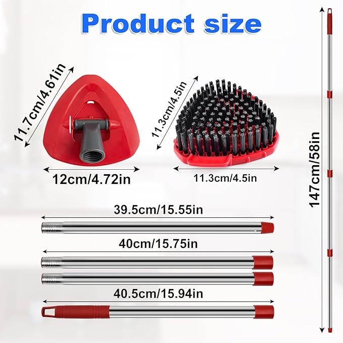 4-Section Stainless Steel Spin Mop Handles, Mop Base & Upgrade Scrub Brush Combo
