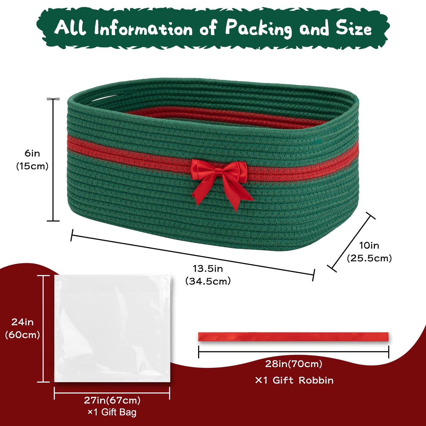 OIAHOMY Christmas Basket with Gift Bags and Ribbons, Woven Storage Basket for Decorations, Nursery, Pets - Green