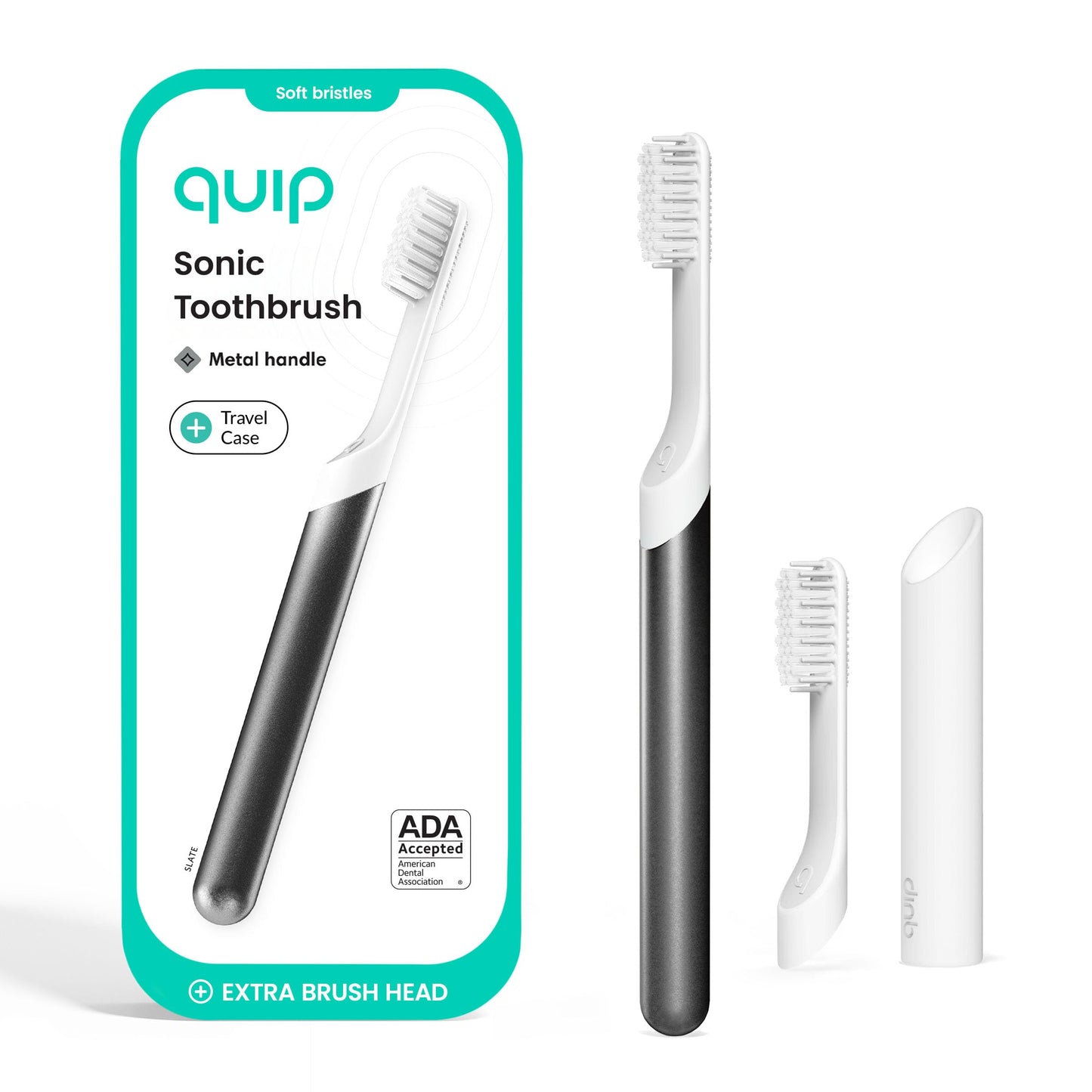 Quip Metal Sonic Electric Toothbrush for Adults - Time Travel & Soft Bristles with Travel Case & Replacement Brush Head - 3 Month Battery Life - Indigo
