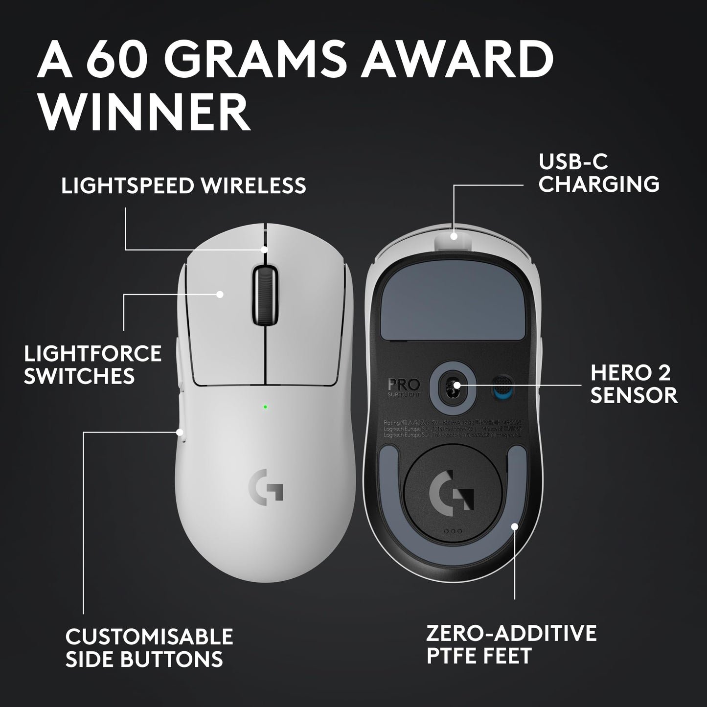 Logitech G PRO X SUPERLIGHT 2 LIGHTSPEED Wireless Gaming Mouse, 8K Polling, Lightweight, 60g, LIGHTFORCE Hybrid Switches, HERO 2 Sensor, 888 IPS, 44K DPI, 5 Programmable Buttons, USB-C, PC/Mac - White