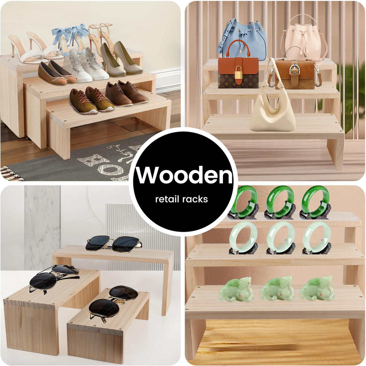 WIQARJ 3-Tier risers display stands, Wooden Retail Display Rack for retail Rustic Tabletop Display rack for cupcakes, collectibles,jewelry, perfum, Funko Pop Figures