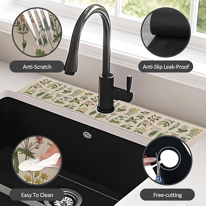 24" X 5.5" Kitchen Sink Splash Guard Faucet Mat Floral Super Absorbent Fast