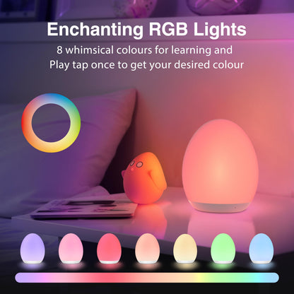 JolyWell Night Light for Kids, Egg Light for Nursery with 7 Changeable RGB Colours & Stepless Dimming, Rechargeable Tap Light with a 1-Hour Timer & Touch Control, Portable Baby Night Light, BPA Free