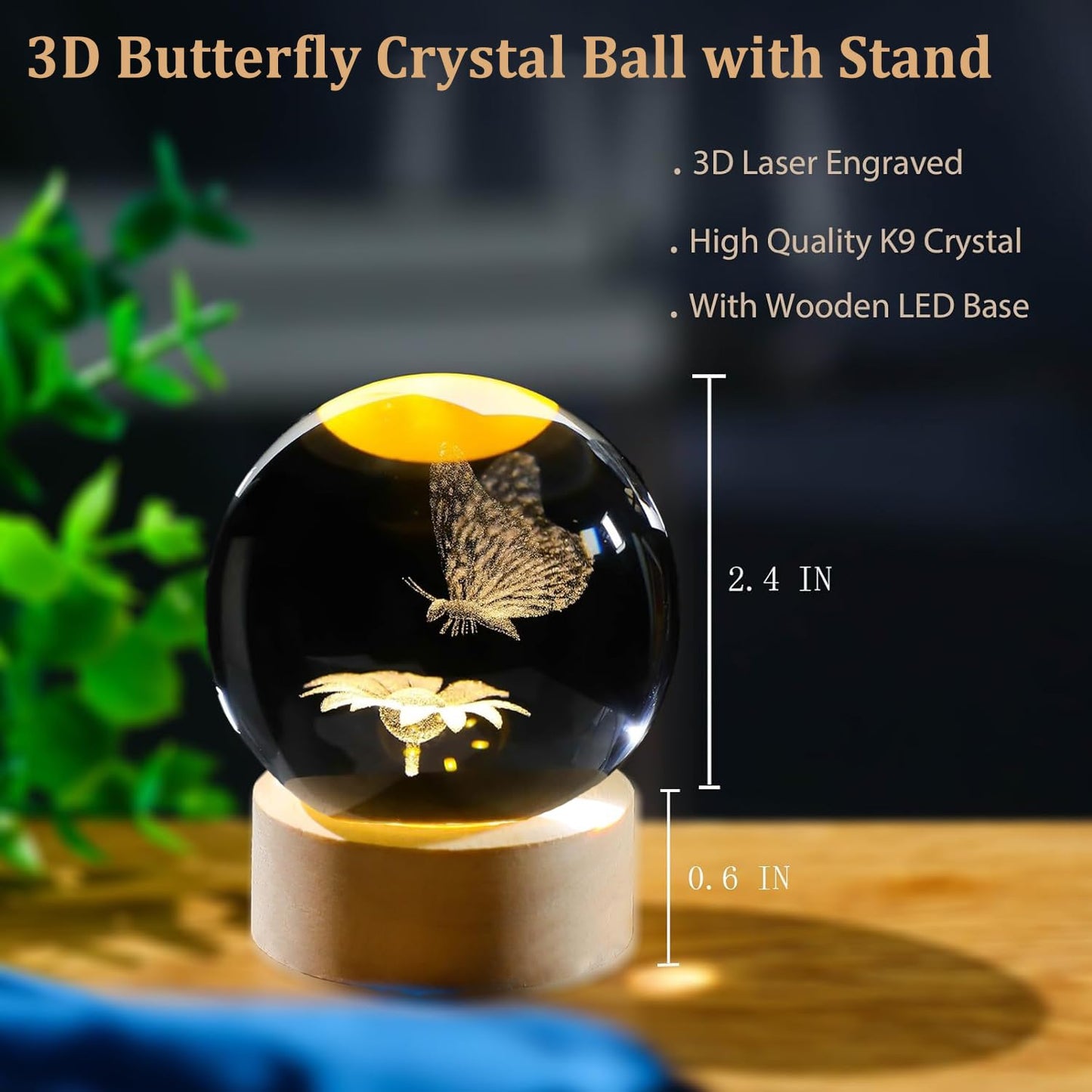 AOFEGRLT 3D Laser Etched Butterfly Crystal Ball with Stand, 60mm Glass Sphere Decorative Balls, Crystal Butterfly Figurine Lamp Night Light Gifts for Women Girls Mom Kids