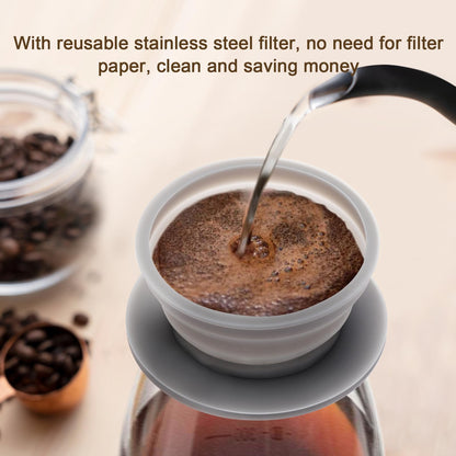 VVGCS Set of 2 Paperless Collapsible Travel Pour Over Coffee Dripper Kit - Silicone Travel Pour Over Coffee Maker Camping - Collapsible Coffee Filter with Stainless Steel Filter (Brown+Grey)