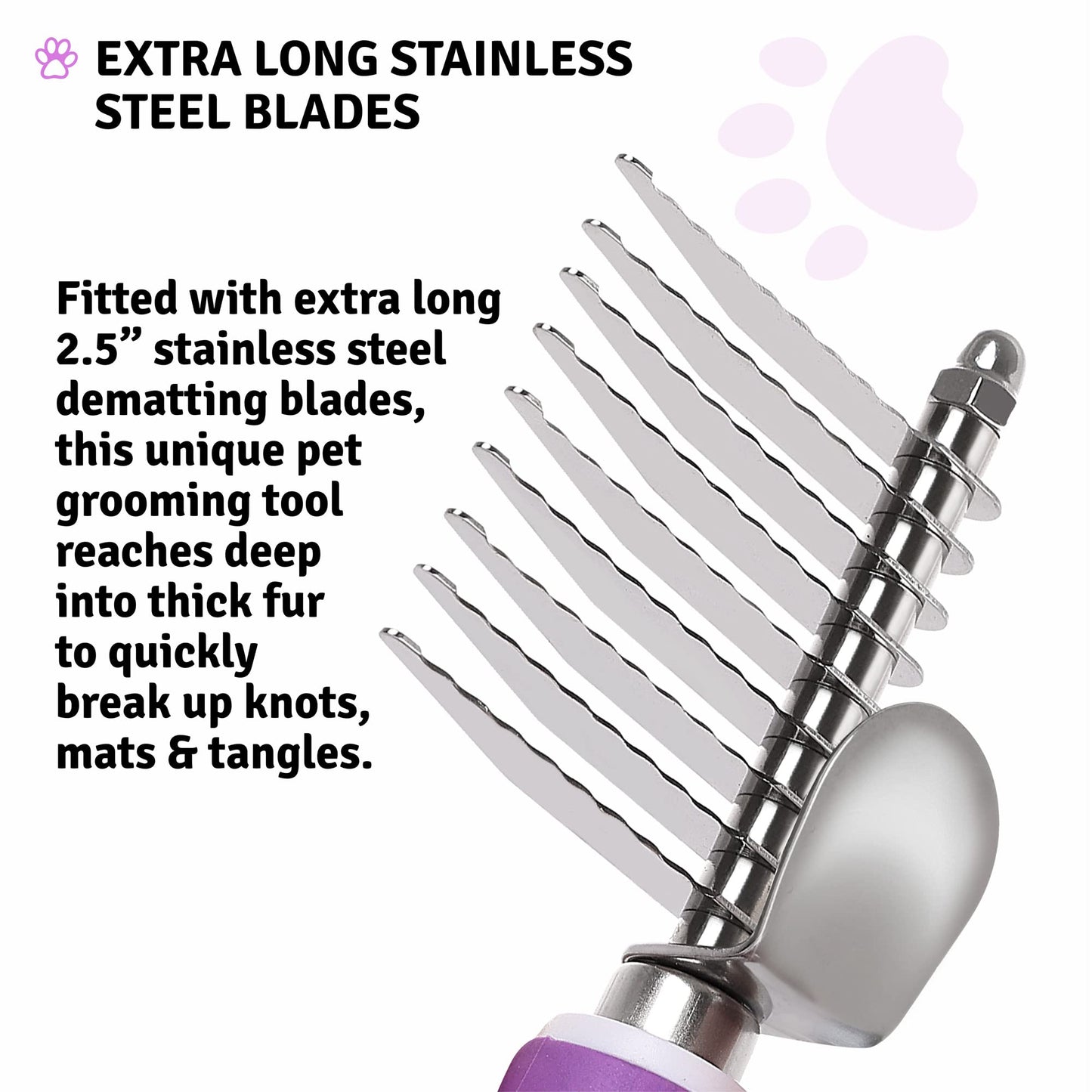 Poodle Pet Dematting Fur Rake Comb Brush Tool with Long 2.5” Steel Safety Blades for Detangling Matted or Knotted Undercoat Hair, Safe Grooming Accessories for Dogs, Longhaired Cats, Rabbits, Horses