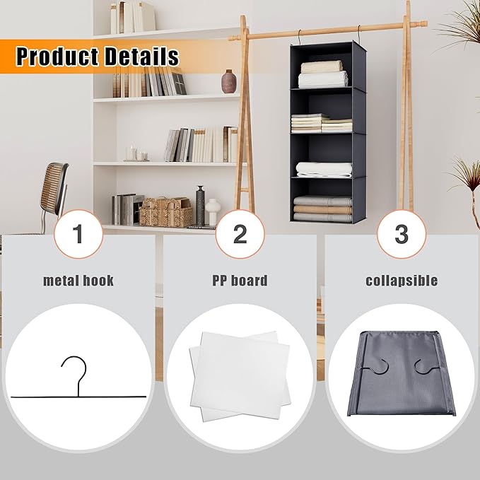 Hanging Closet Organizer, Easy Mount Foldable 4-Shelf Hanging Closet Wardrobe