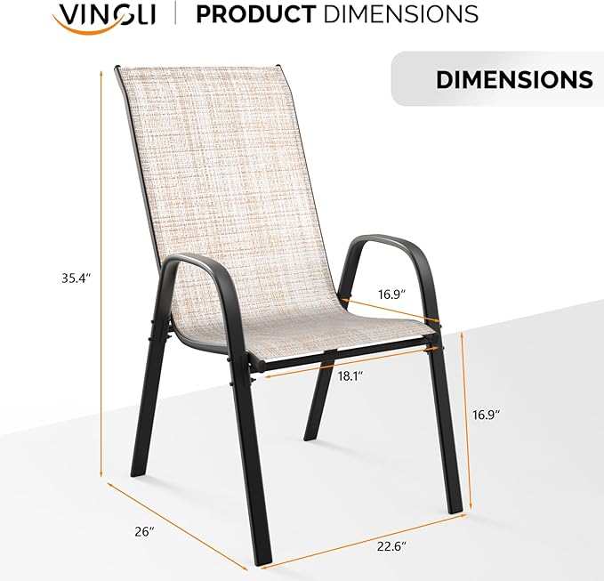 VINGLI Patio Chairs Set of 8 – Stackable Outdoor Dining Chairs with Comfortable Sling High Back Chairs and Armrests for Lawn, Poolside, Courtyard, Balcony, Garden, Yellow