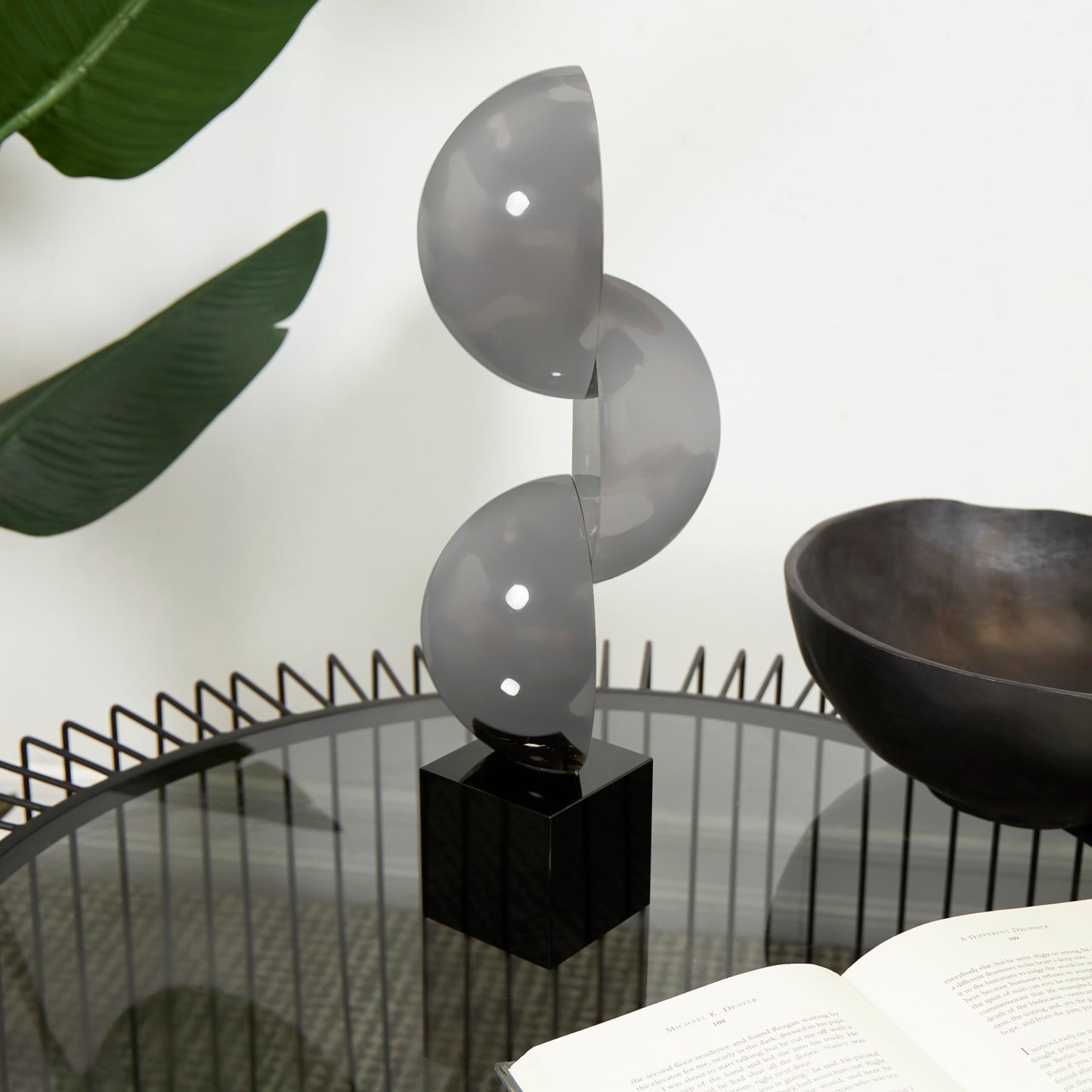 Deco 79 Crystal Geometric Decorative Sculpture Quartered Stacked Orbs Home Decor Statue with Square Black Base, Accent Figurine 5" x 4" x 16", Dark Gray