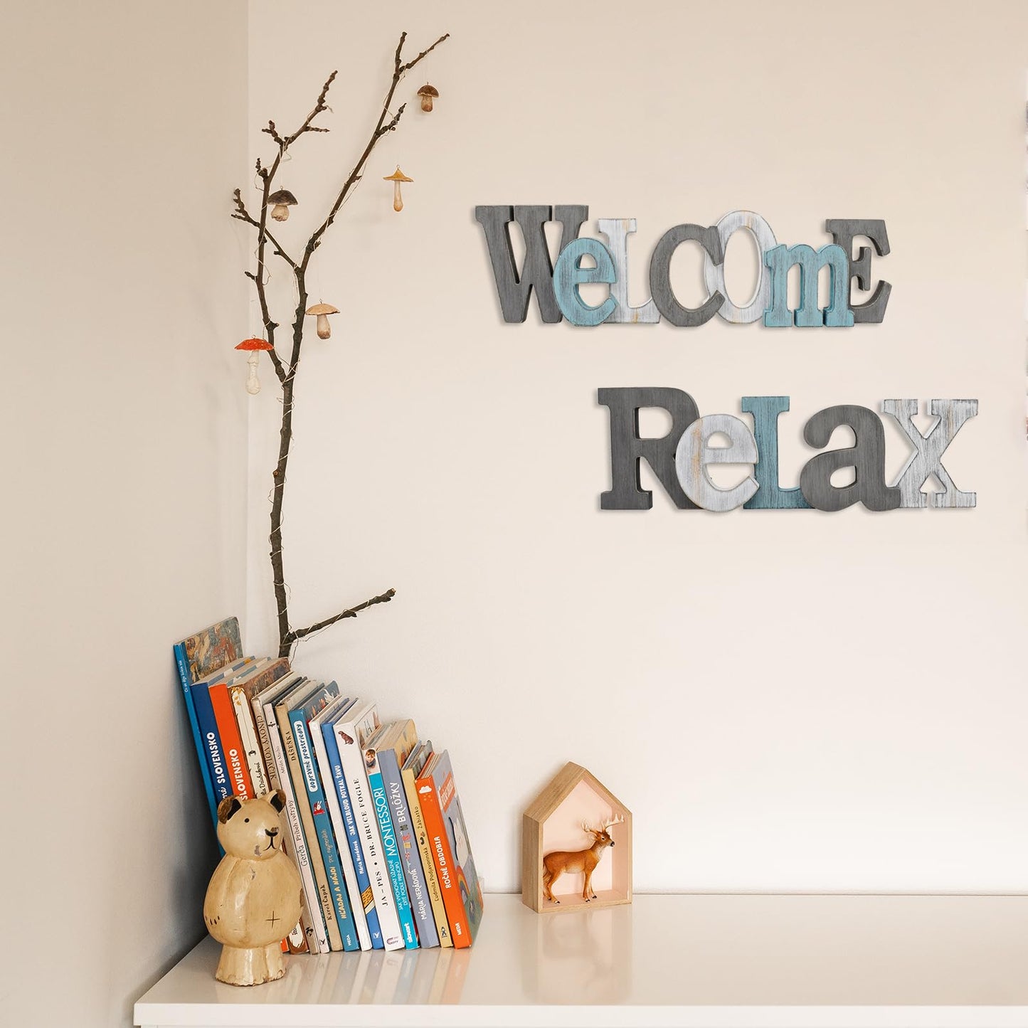 Rustic Wooden Teal Home Sign Decorative Cutout Letters Freestanding Block Word Sign Hanging Ornament Table Shelf Decor (Relax)
