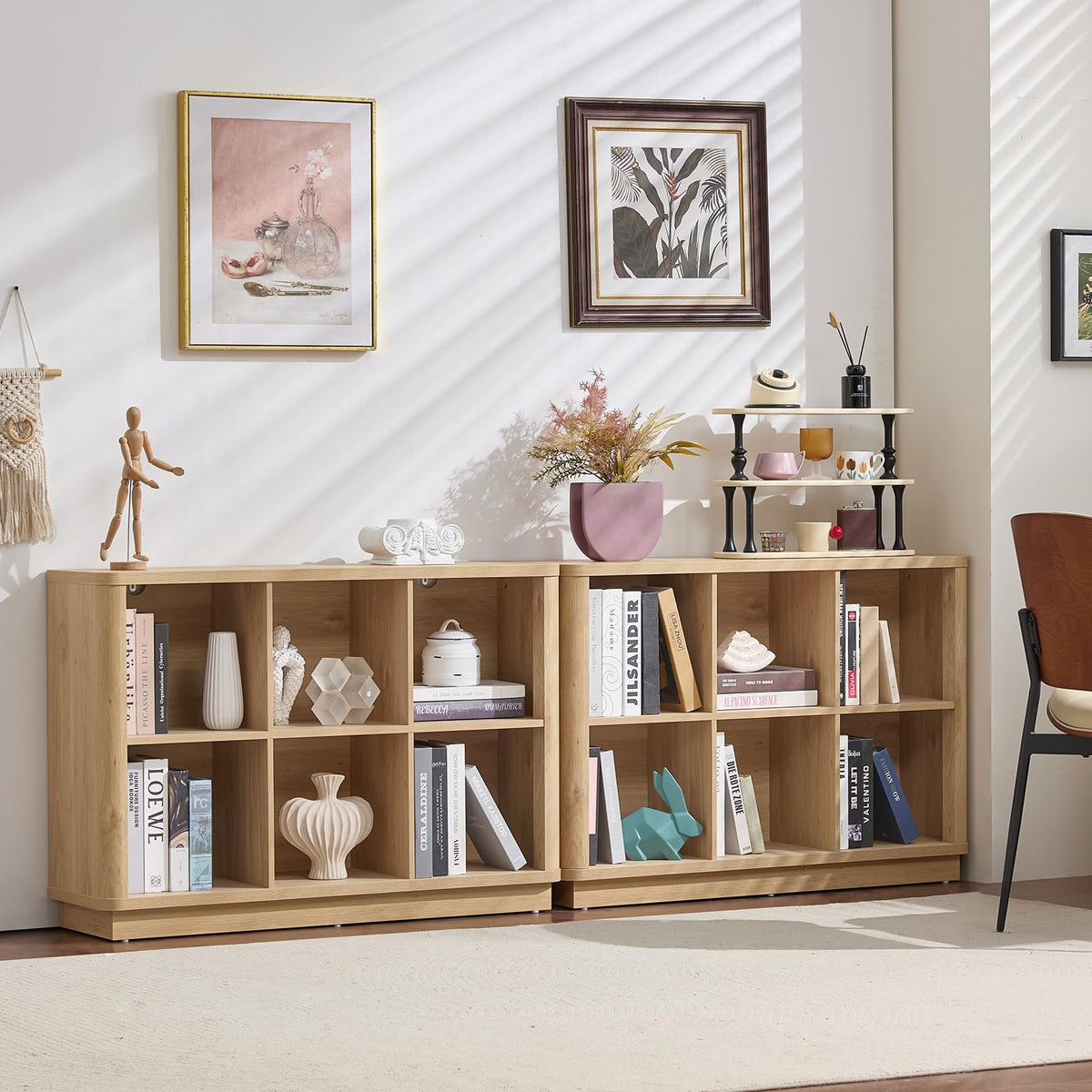 Joaxswe 6 Cube Storage Book Shelf, 40" Wide Low Horizontal Bookcase with Curved Edge, Floor Standing 2-Tier Wooden Bookshelf with Base, Modern Short Book Case for Bedroom, Study, Entryway, Natural Oak