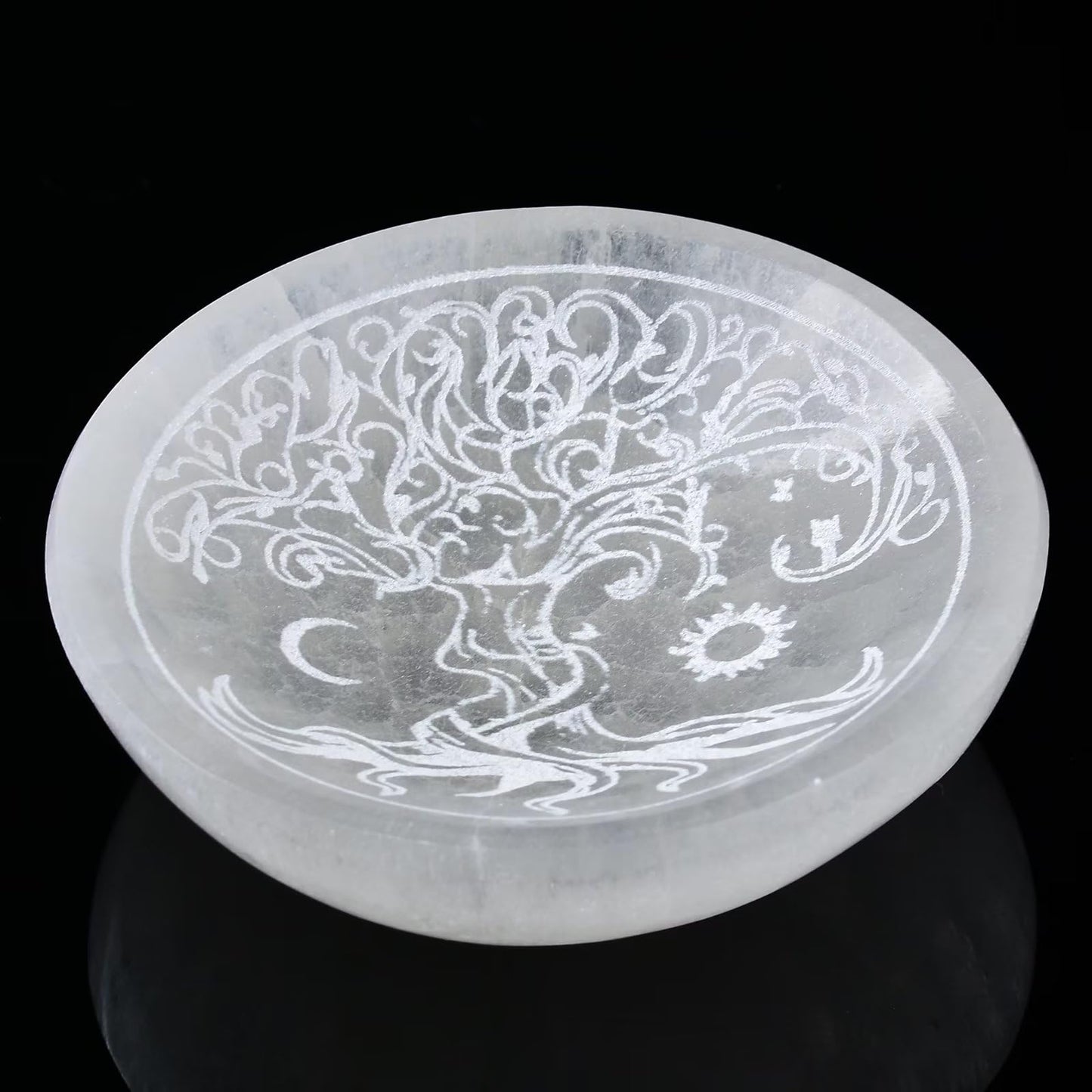 AMOYSTONE Natural Selenite Charging Bowl with Tree of Life Engraving 3.5-4'' Energy Cleansing Crystal Plate for Healing Meditation and Spiritual Home Decor