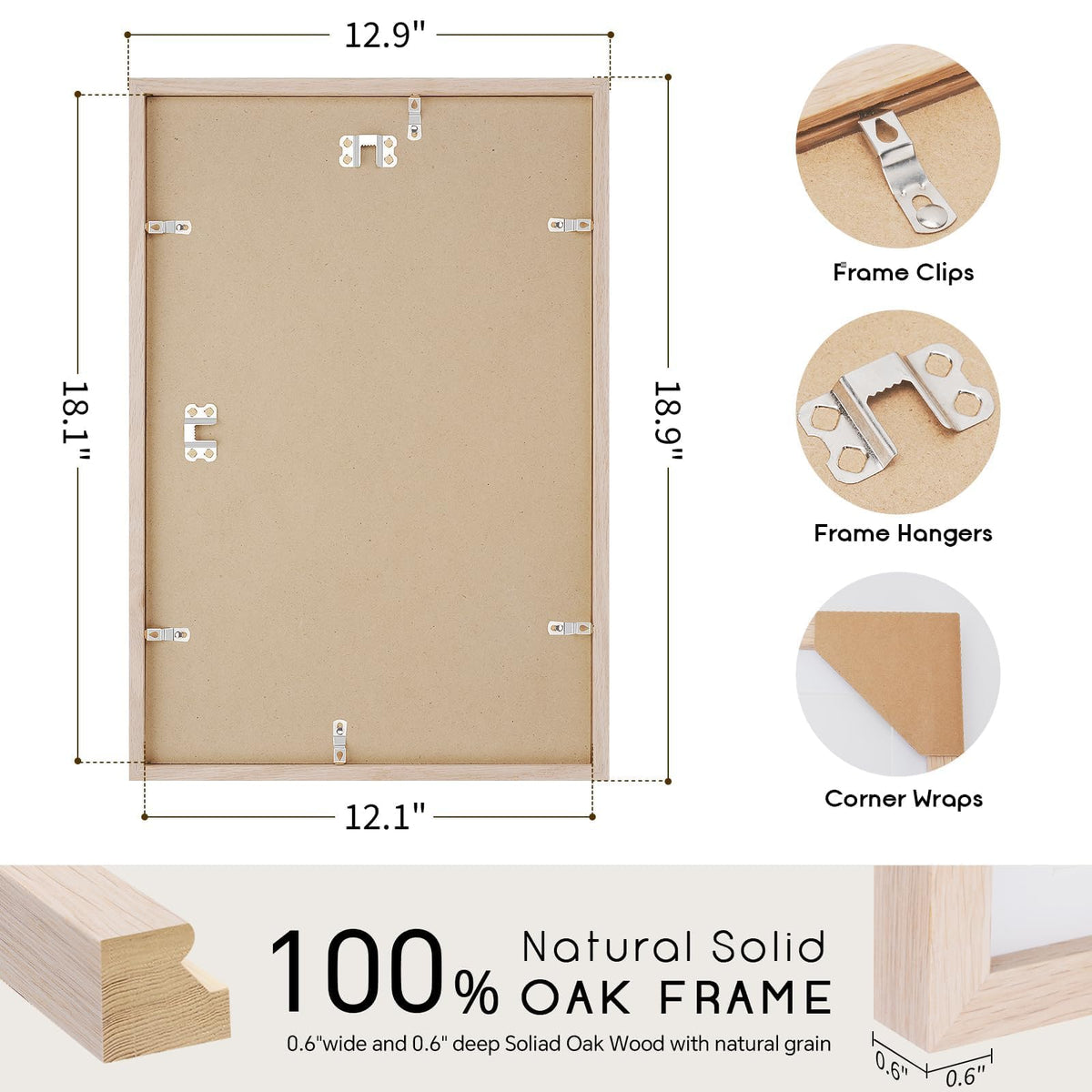 puthiac 12x18 Solid Oak Wood Picture Frame, Fits 8x12 with Mat or 12x18 Without Mat, Wall Display Only, Vertical or Horizontal, Plexi Front, 1 Pack, Natural Oak