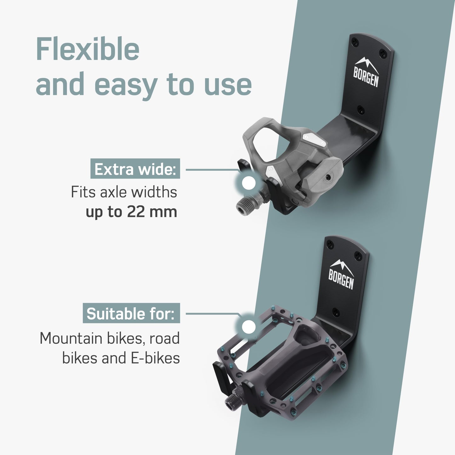 Borgen Bike Wall Mount - Bike Wall Rack Pedal for E-Bike, MTB or Road Bike with Support Bracket and Wall Protection Pads