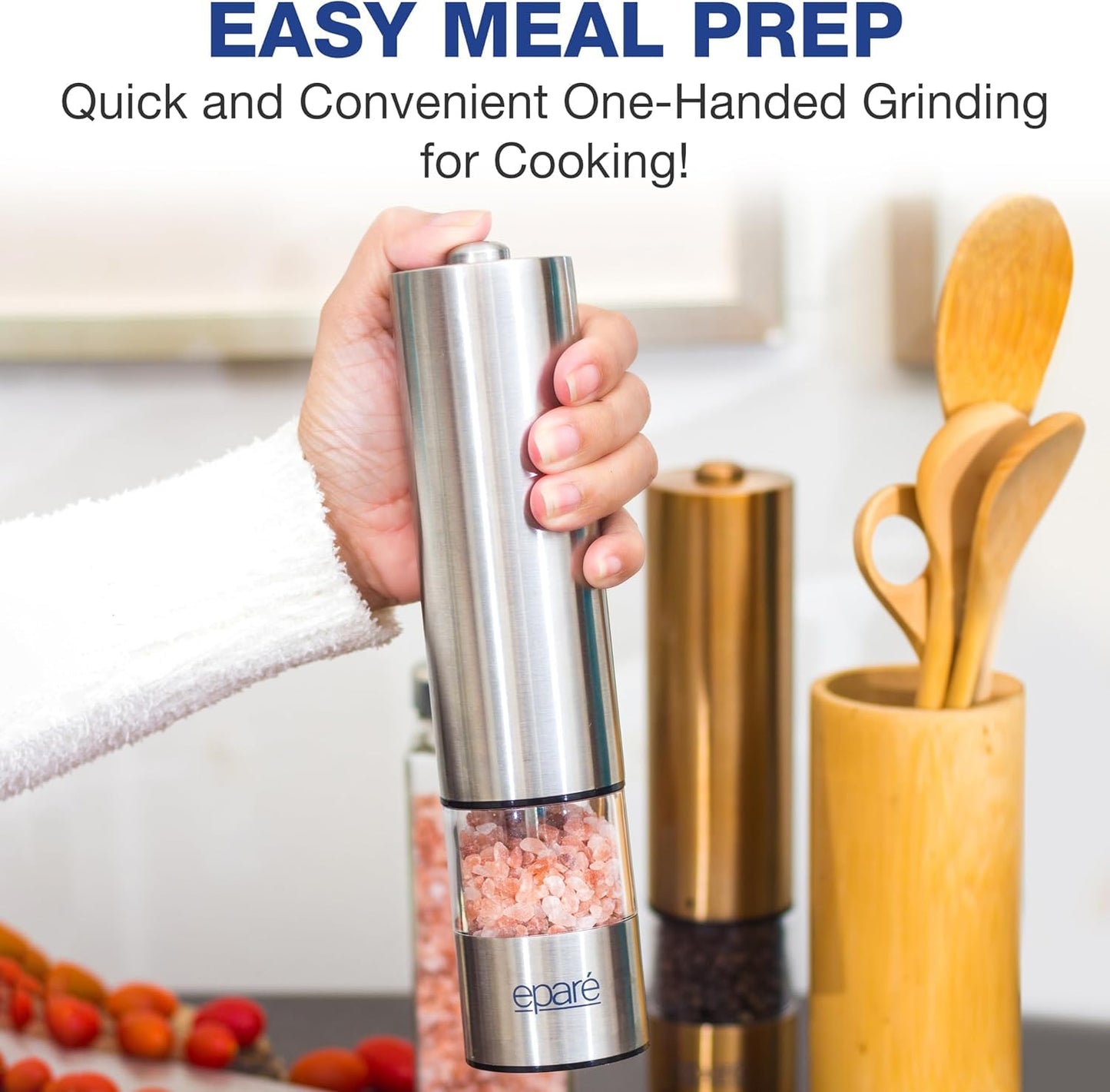 Eparé Salt or Pepper Grinder Mill Electric – Battery Operated Stainless Steel Mill with LED Light, Adjustable Ceramic Core, and One-Hand Push Button for Effortless Seasoning and Cooking