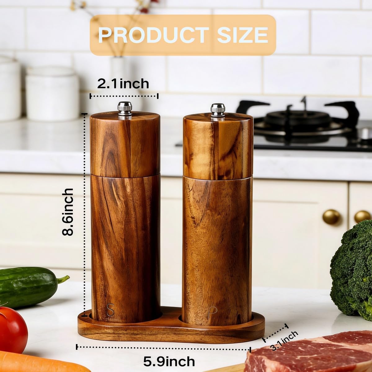 Wooden Salt and Pepper Grinder Set with Tray, 8 Inch Manual Mills, Adjustable Coarseness & Refillable, Gold Bottle Label, Natural Wood for Kitchen, Home, Christmas Gift