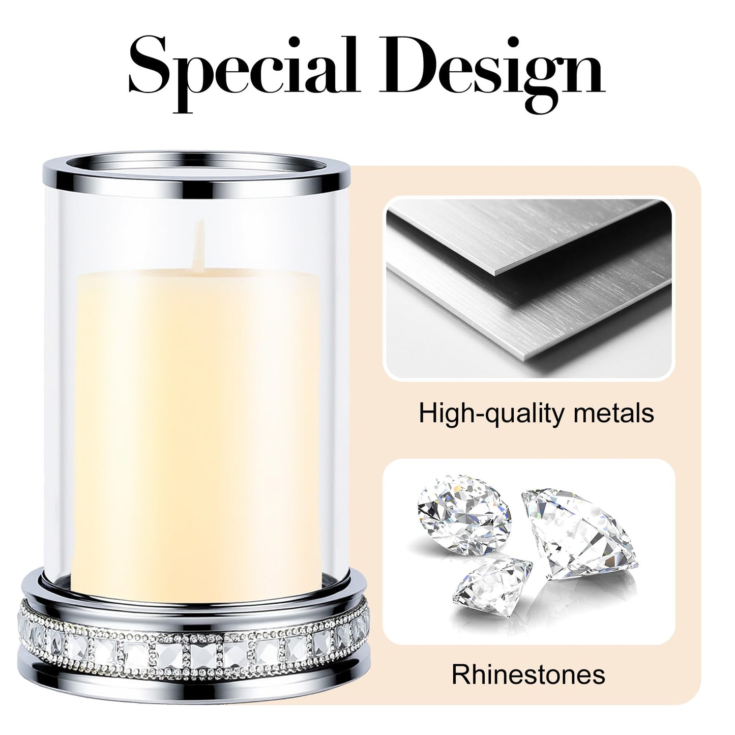 2pcs Hurricane Candle Holder, Pillar Candle Holders with Clear Glass Sleeve, Small Crystal Lantern for Fall Thanksgiving Christmas Holiday Dining Table Centerpiece (Silver)
