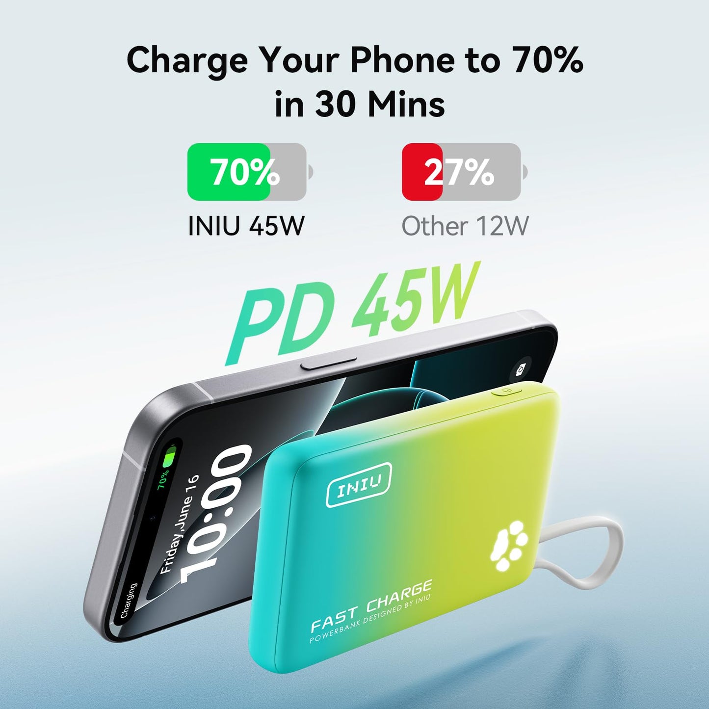 INIU 45W Portable Charger, 10000mAh Built-in USB C Cable Fast Charging Power Bank, Small Type C Battery Pack, Powerbank for iPhone 17 16 15 14, iPad, Samsung S25 S24 etc. Travel Camping Essentials